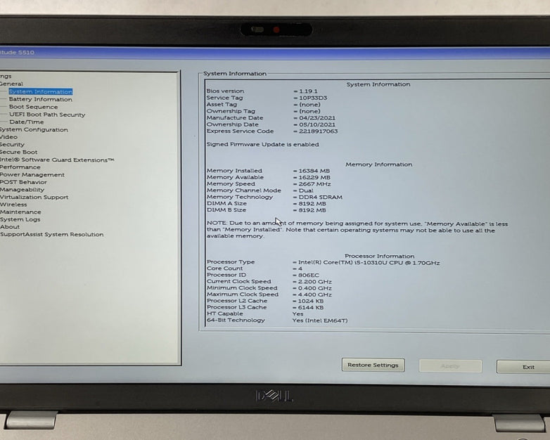 Dell Latitude 5510 Intel Core i5-10310U 1.70 GHz 16 GB RAM 15.6" No HDD No OS