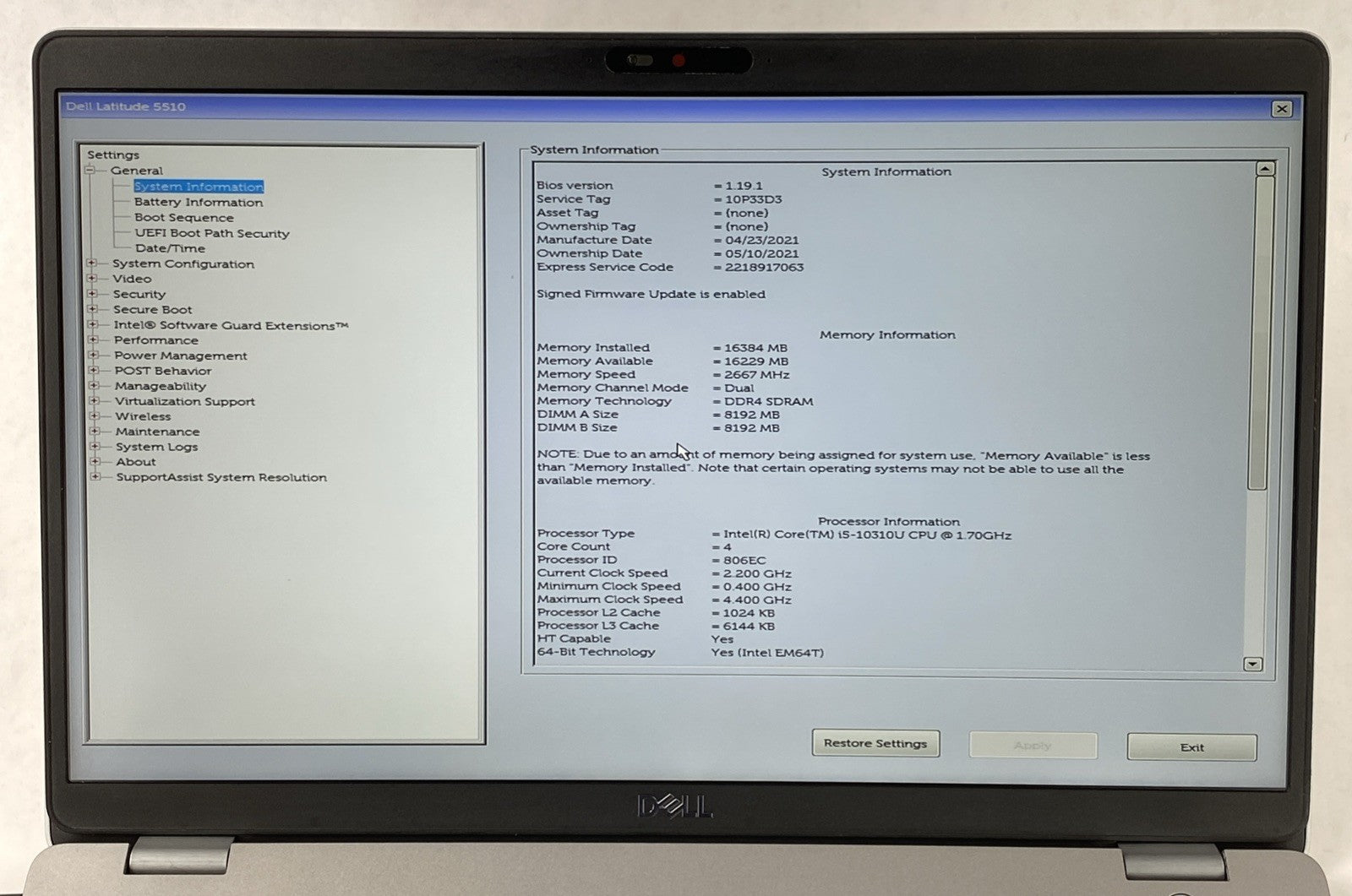 Dell Latitude 5510 Intel Core i5-10310U 1.70 GHz 16 GB RAM 15.6" No HDD No OS