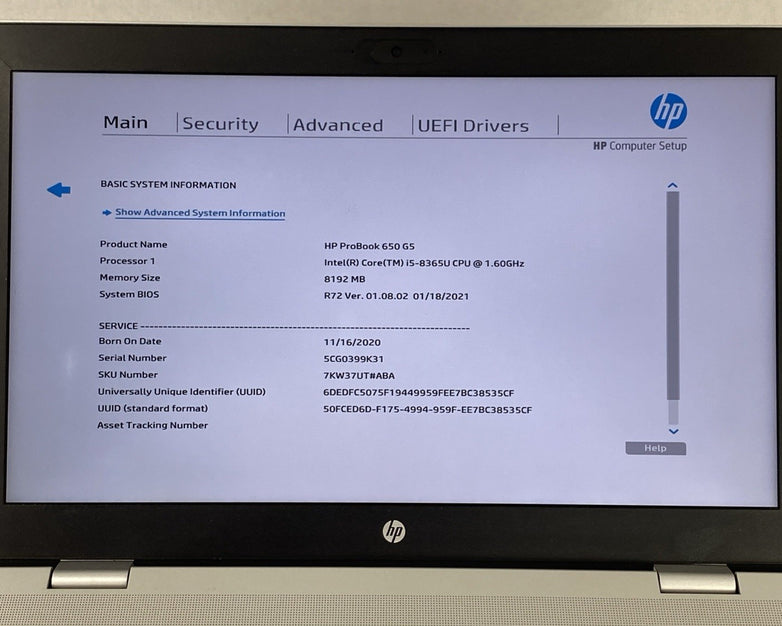 HP ProBook 650 G5 Intel Core i5-8365U 1.60 GHz 8GB RAM 15.6" No HDD No OS