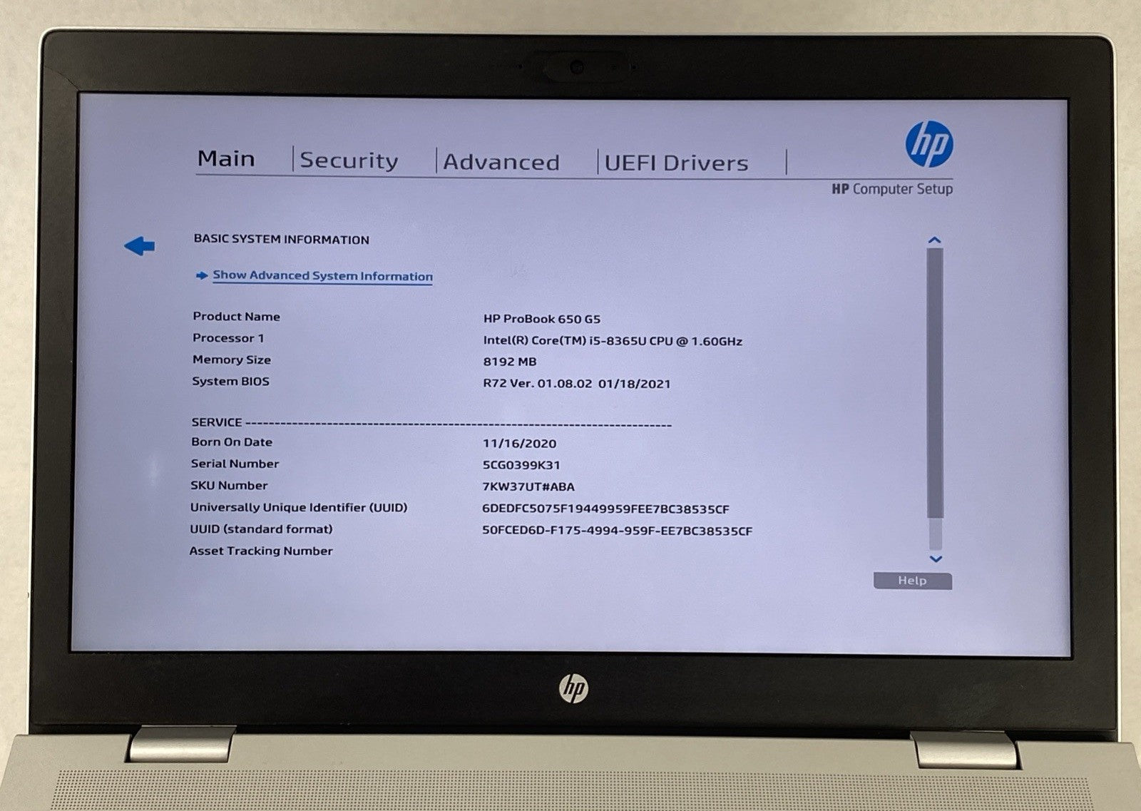 HP ProBook 650 G5 Intel Core i5-8365U 1.60 GHz 8GB RAM 15.6" No HDD No OS