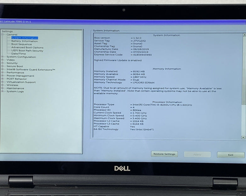 Dell Latitude 7390 2 in 1 13.3" Touch i5-8250U 1.60 GHz 8 GB RAM No HDD No OS