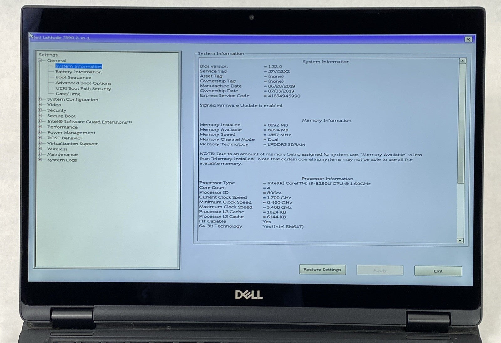 Dell Latitude 7390 2 in 1 13.3" Touch i5-8250U 1.60 GHz 8 GB RAM No HDD No OS