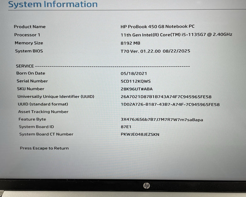 HP ProBook 450 G8 15.6" i5-1135G7 2.40 GHz 8 GB RAM No SSD/OS/AC - Bad USB