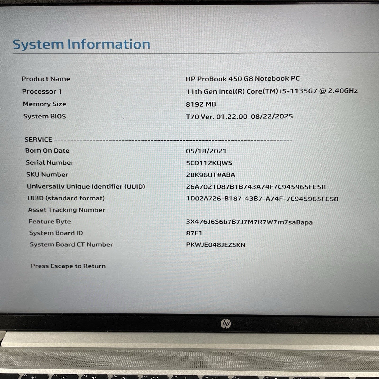 HP ProBook 450 G8 15.6" i5-1135G7 2.40 GHz 8 GB RAM No SSD/OS/AC - Bad USB2