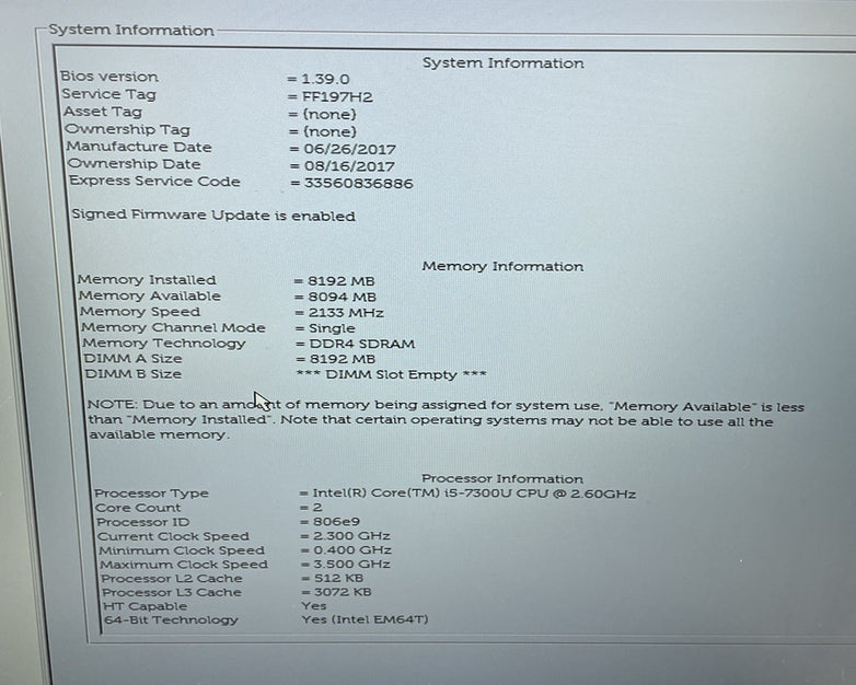 Dell Latitude 5580 15.6" Core i5-7300U 2.60 GHz 8 GB RAM No HDD No OS No Battery