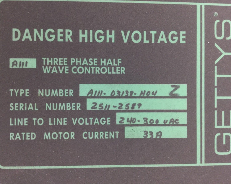 GETTYS Three Phase Half Wave Controller  A111-03138-H04  240-300 VAC