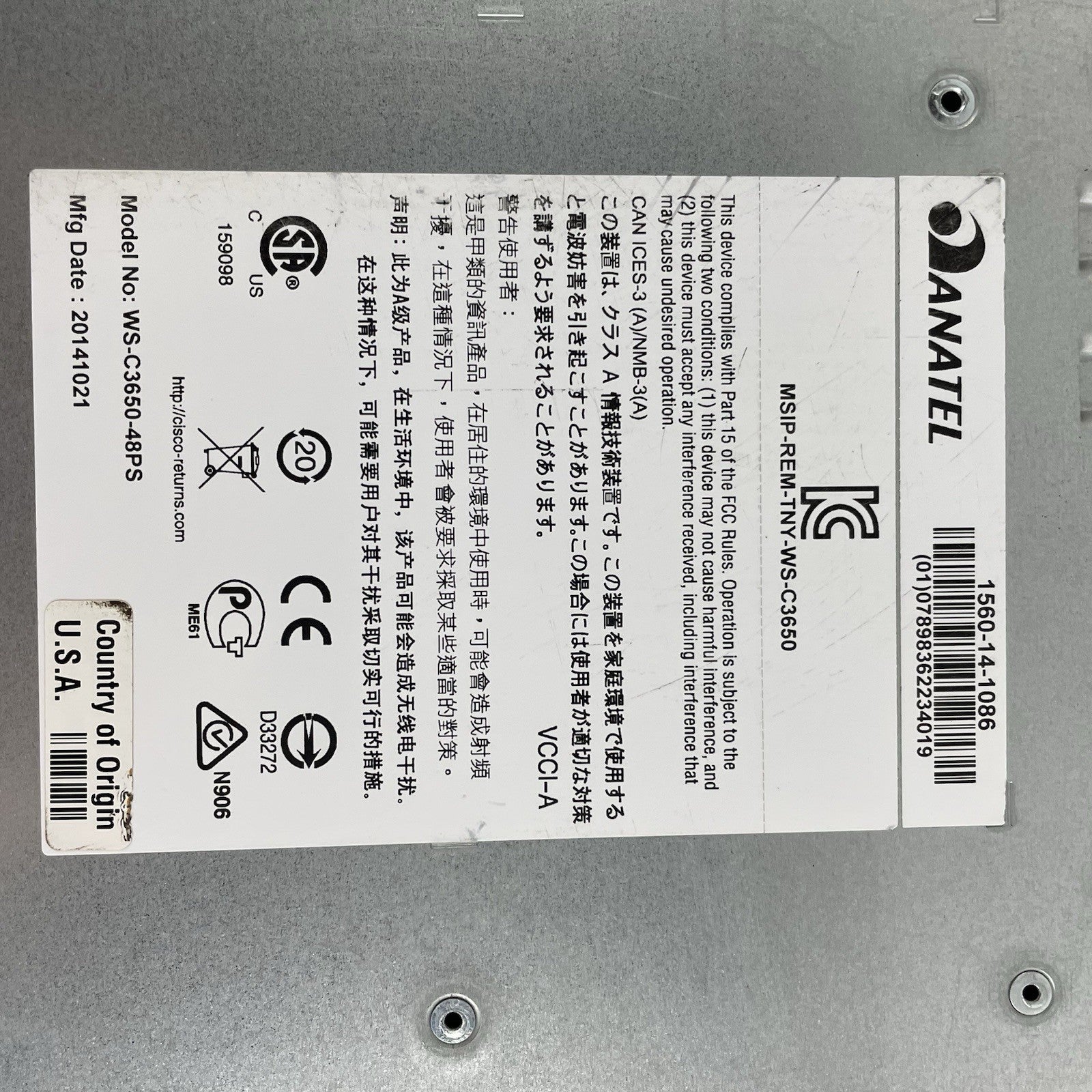 Cisco WS-C3650-48PS-S V01 Catalyst 3650 48-Port PoE+ 4x1G  Tested & Reset 2X PSU13