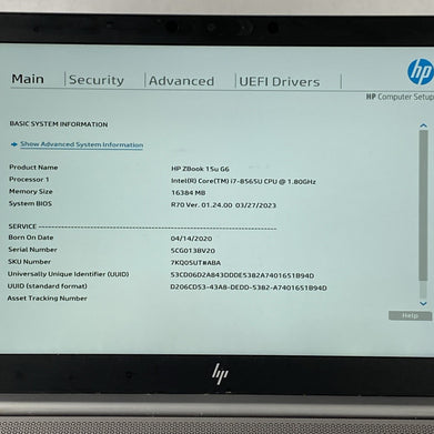 HP ZBook 15u G6 15.6" Touch Core i7-8565U 1.80 GHz 16 GB RAM No HDD No OS