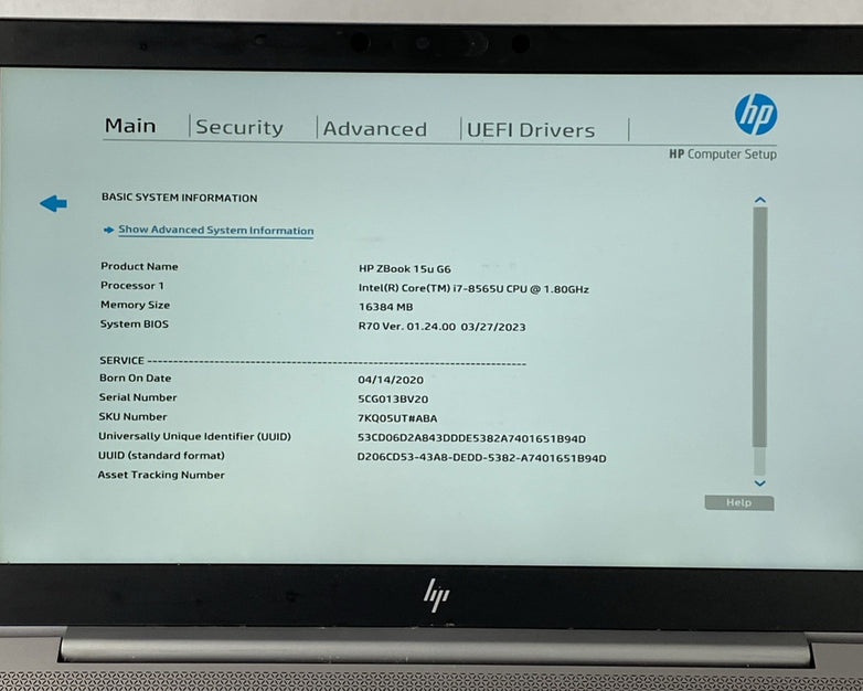 HP ZBook 15u G6 15.6" Touch Core i7-8565U 1.80 GHz 16 GB RAM No HDD No OS