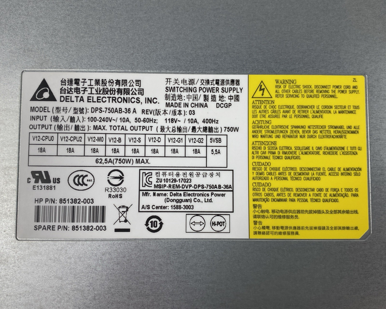 Delta Electronics DPS-750AB-36 A 851382-001 750W Power Supply
