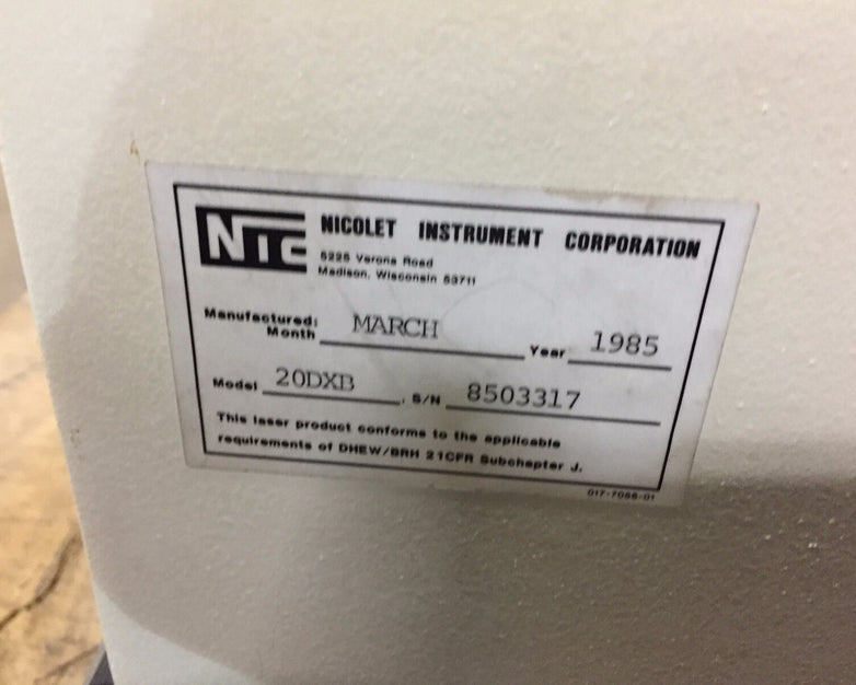 Nicolet FTIR Spectrometer Model 20DXB S/N 8503317