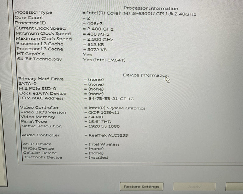 Dell Latitude E5570 15.6" i5-6300U 2.4GHz 8GB RAM No SSD/OS/AC - READ