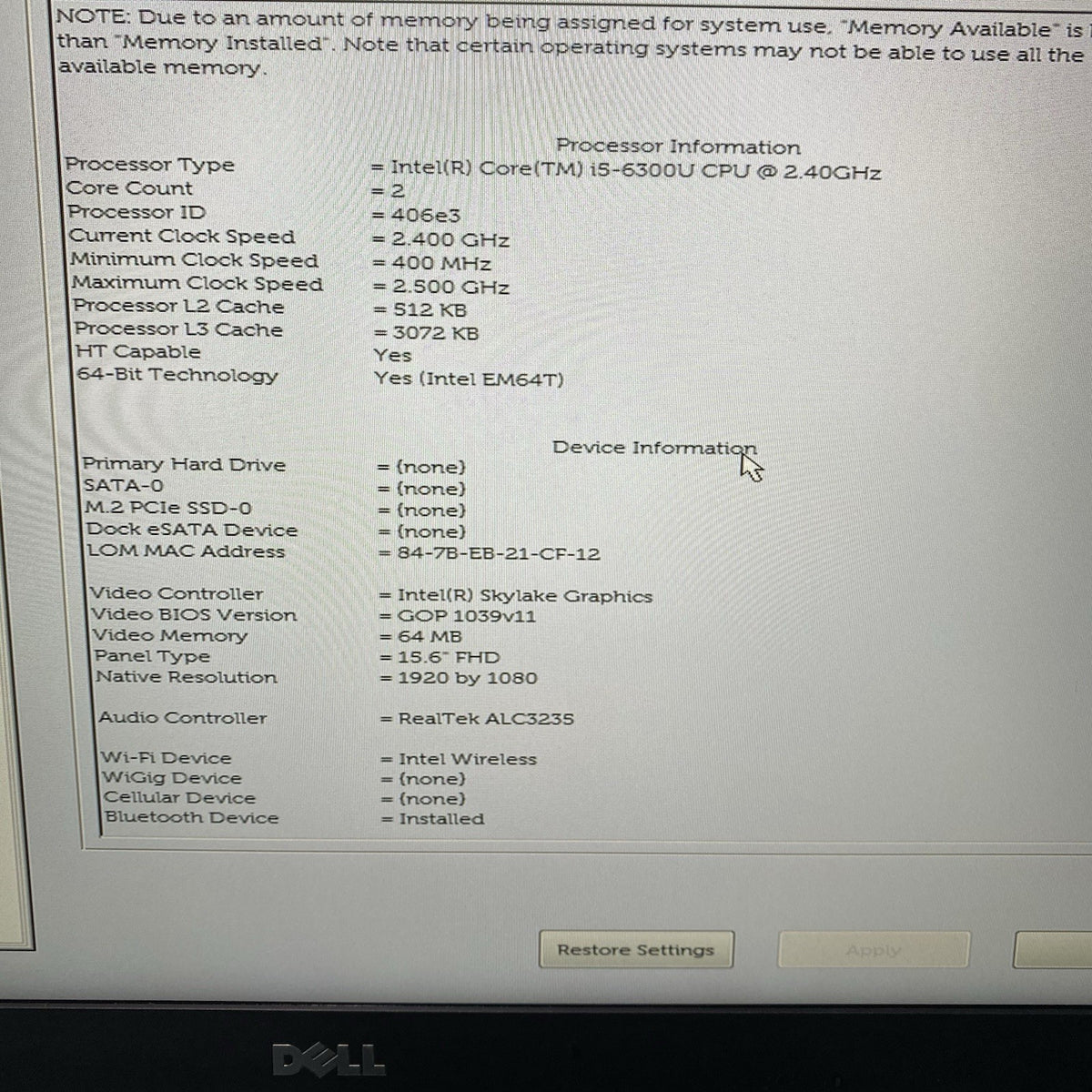 Dell Latitude E5570 15.6" i5-6300U 2.4GHz 8GB RAM No SSD/OS/AC - READ4