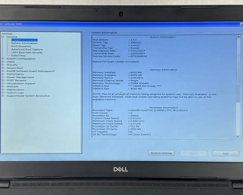 Dell Latitude 3580 Intel Core i3-6006U 2.00 GHz 8 GB RAM 15.6" No HDD No OS