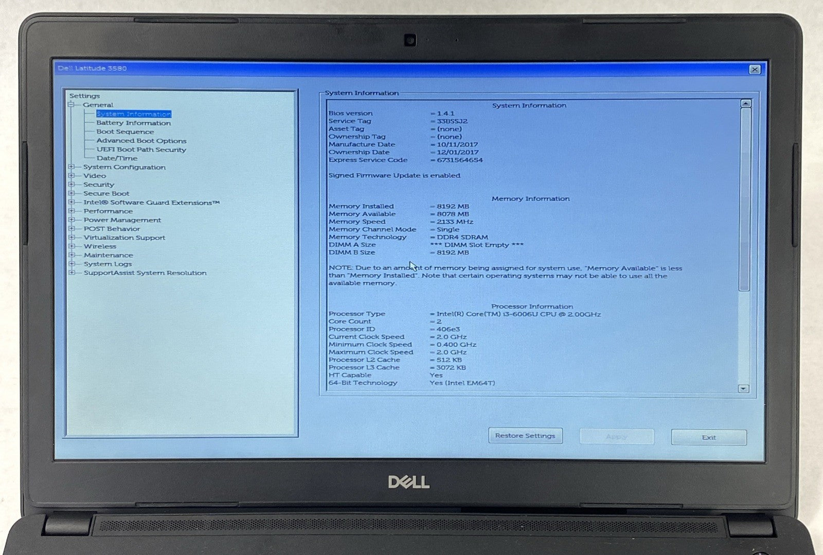Dell Latitude 3580 Intel Core i3-6006U 2.00 GHz 8 GB RAM 15.6" No HDD No OS