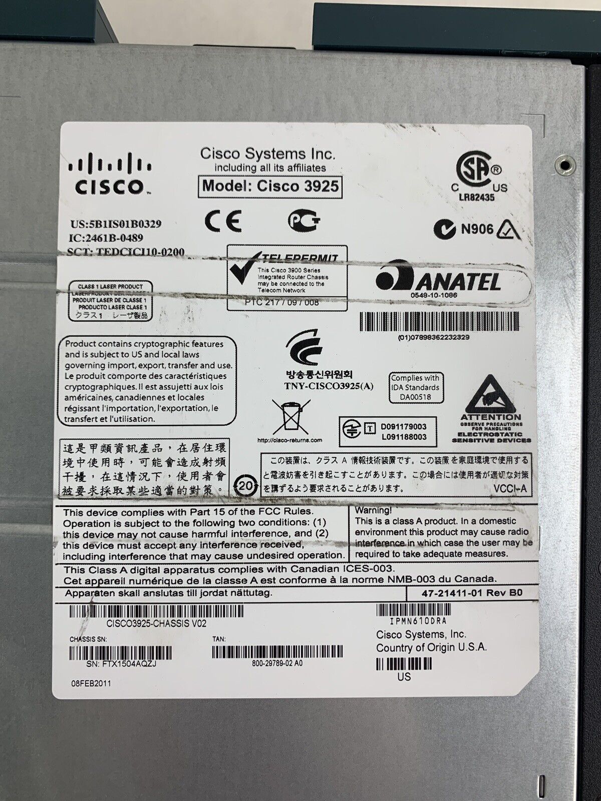 Cisco 3900 CISCO3925-CHASSIS V02 Dual Gigabit Integrated Services Router No OS