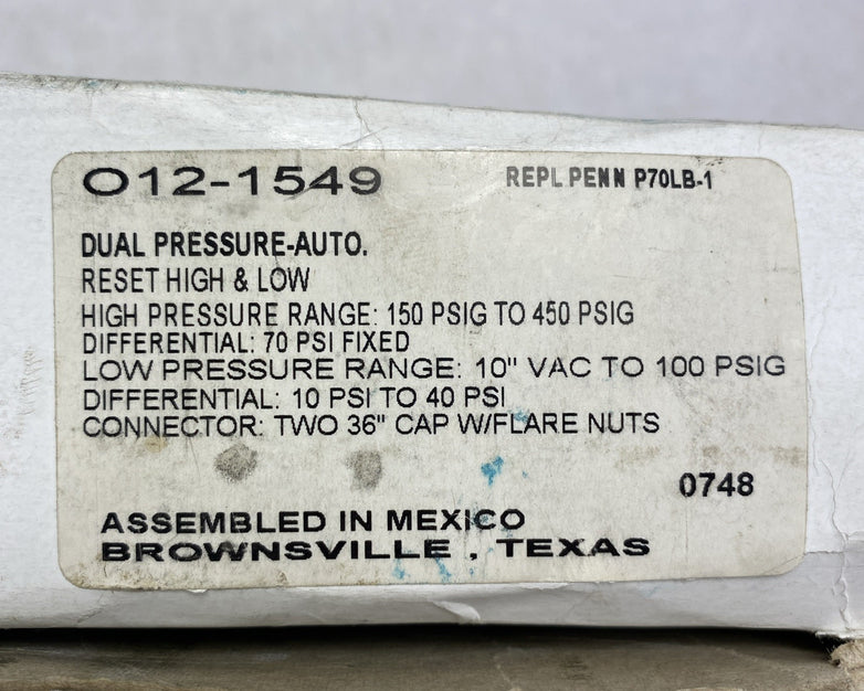 Ranco 012-1549 Dual Pressue Control With Flare Nut Connectors