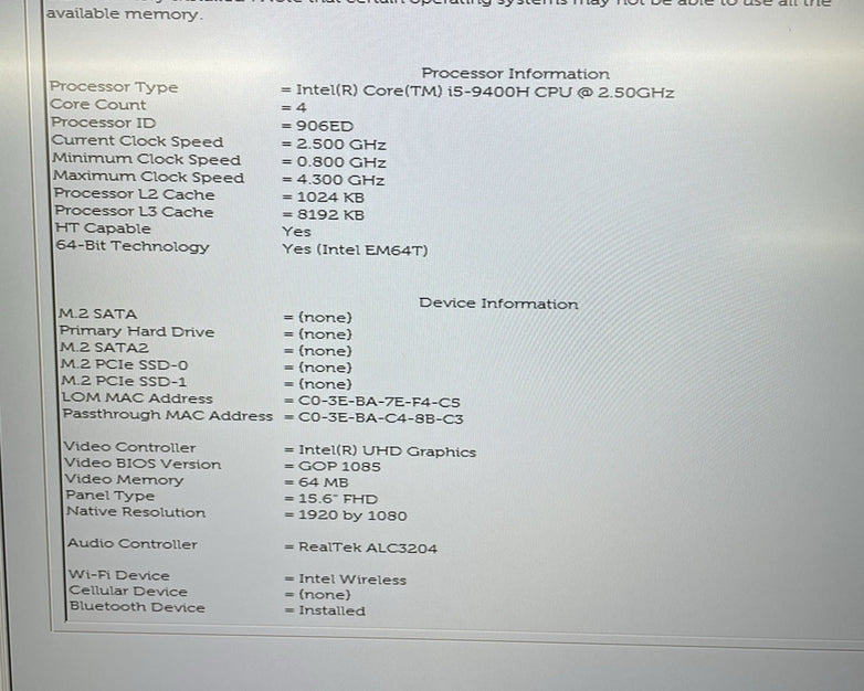 Dell Latitude 5501 15.6" i5-9400H 2.50 GHz 8 GB RAM No SSD/OS/AC