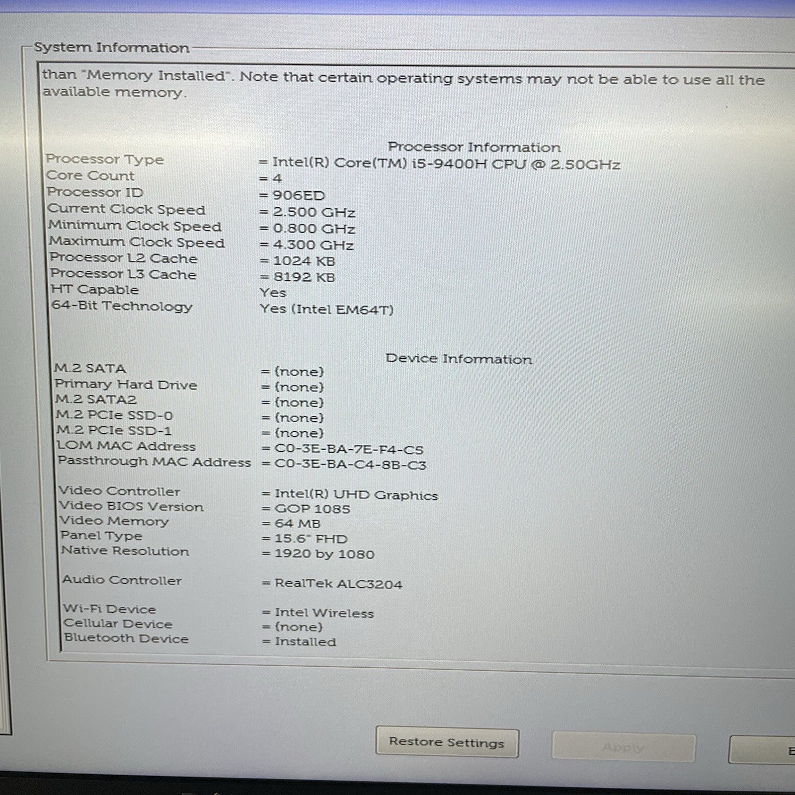 Dell Latitude 5501 15.6" i5-9400H 2.50 GHz 8 GB RAM No SSD/OS/AC3