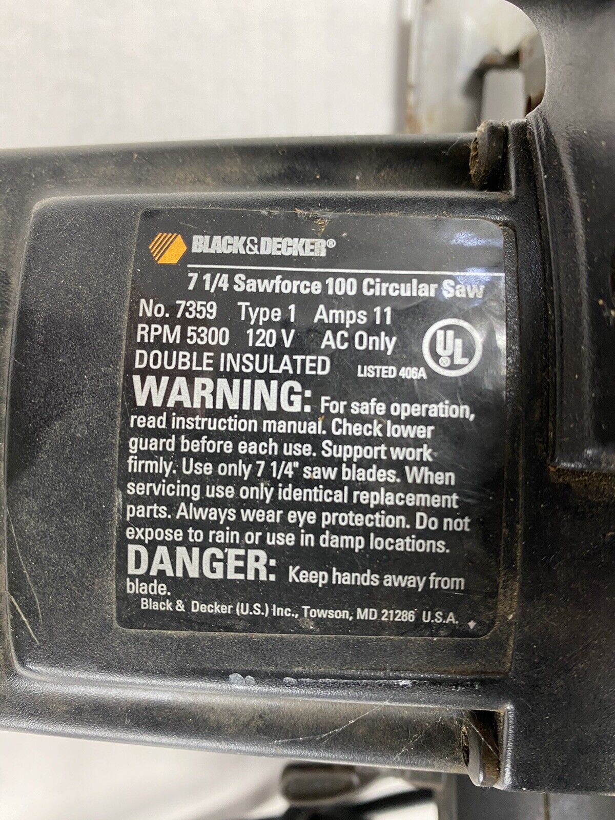 Black & Decker 7 1/4" Sawforce 100 Circular Saw 5300 RPM 11 Amp No. 7359 Tested