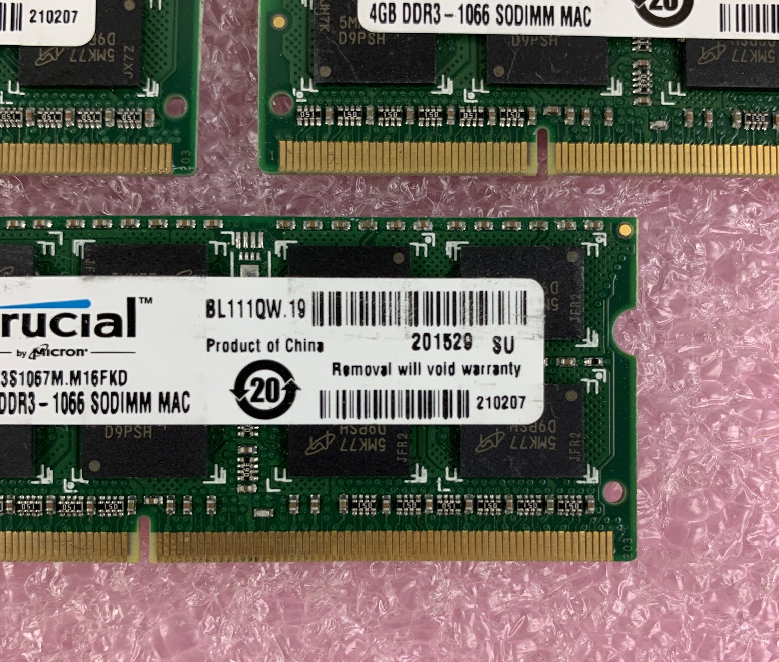 Crucial CT4G3S1067M.M16FKD 4 GB DDR3-1066 PC3-8500S 2Rx8 Laptop Lot of 5x