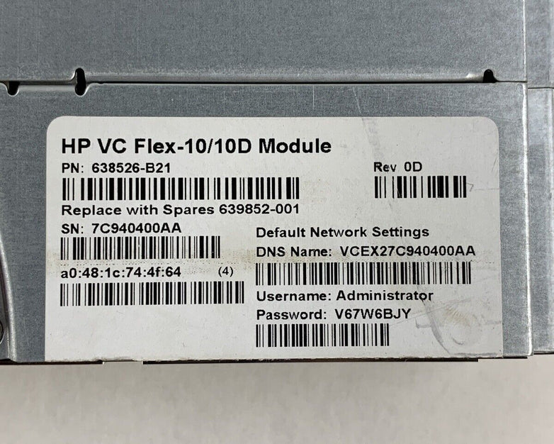 HPE Virtual Connect Flex-10/10D Module 638526-B21 Self Tested Broken Clip
