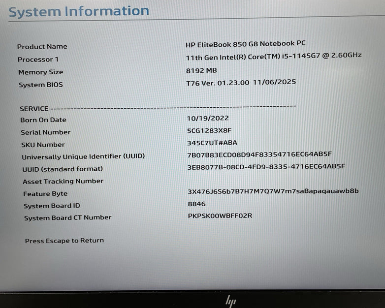 HP EliteBook 850 G8 15.6" i5-1145G7 2.60 GHz 8 GB RAM No SSD/OS/AC