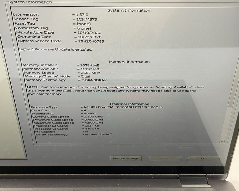 Dell Latitude 7410 14" i7-10610U 1.80 GHz 16 GB RAM No SSD/OS/AC - READ