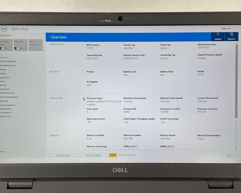 Dell Latitude 3510 Intel Core i7-10510U 1.80 GHz 8 GB RAM 15.6" No SSD No OS