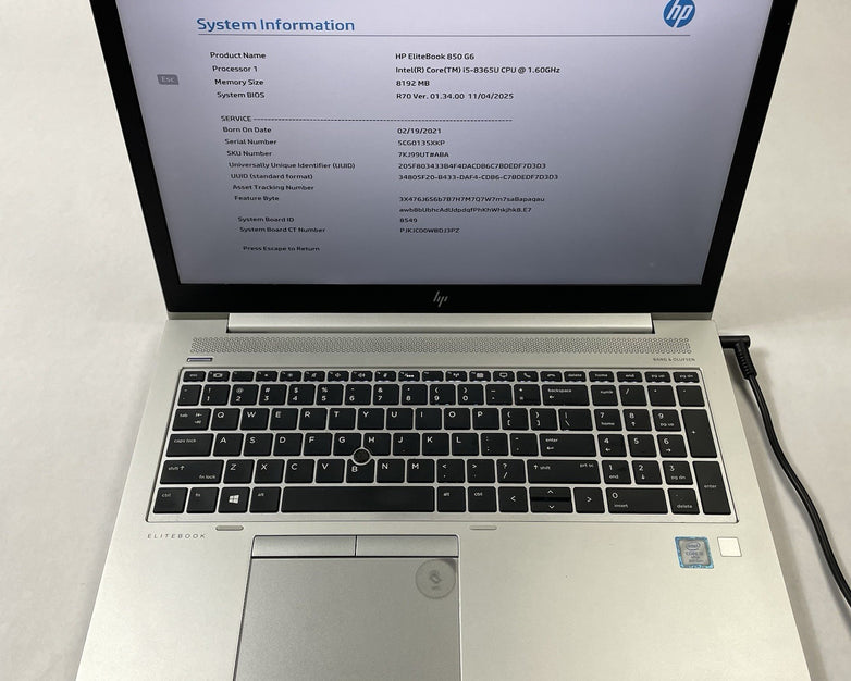 HP EliteBook 850 G6 15.6" i5-8365U 1.60 GHz 8 GB RAM No SSD/OS/AC - Heat Spot