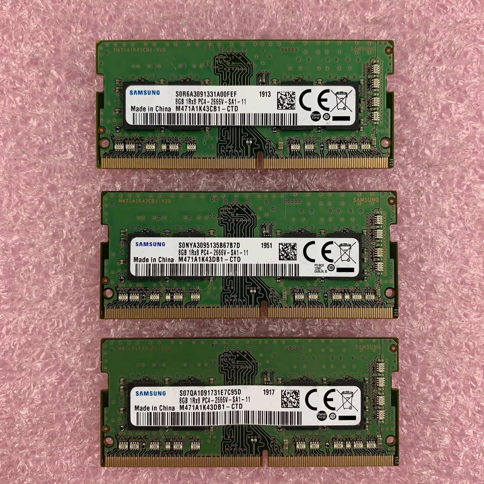 Samsung M471A1K43DB1-CTD 8 GB PC4-2666V-SA1-11 SODIMM Laptop Memory Lot of 3
