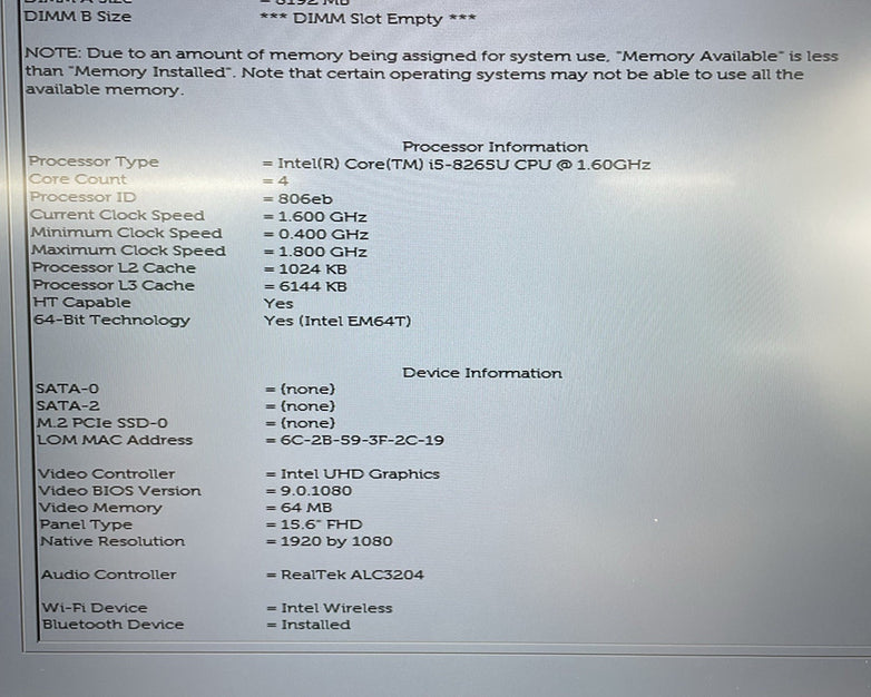 Dell Vostro 5581 15.6" i5-8265U 1.60 GHz 8 GB RAM No SSD/OS/AC