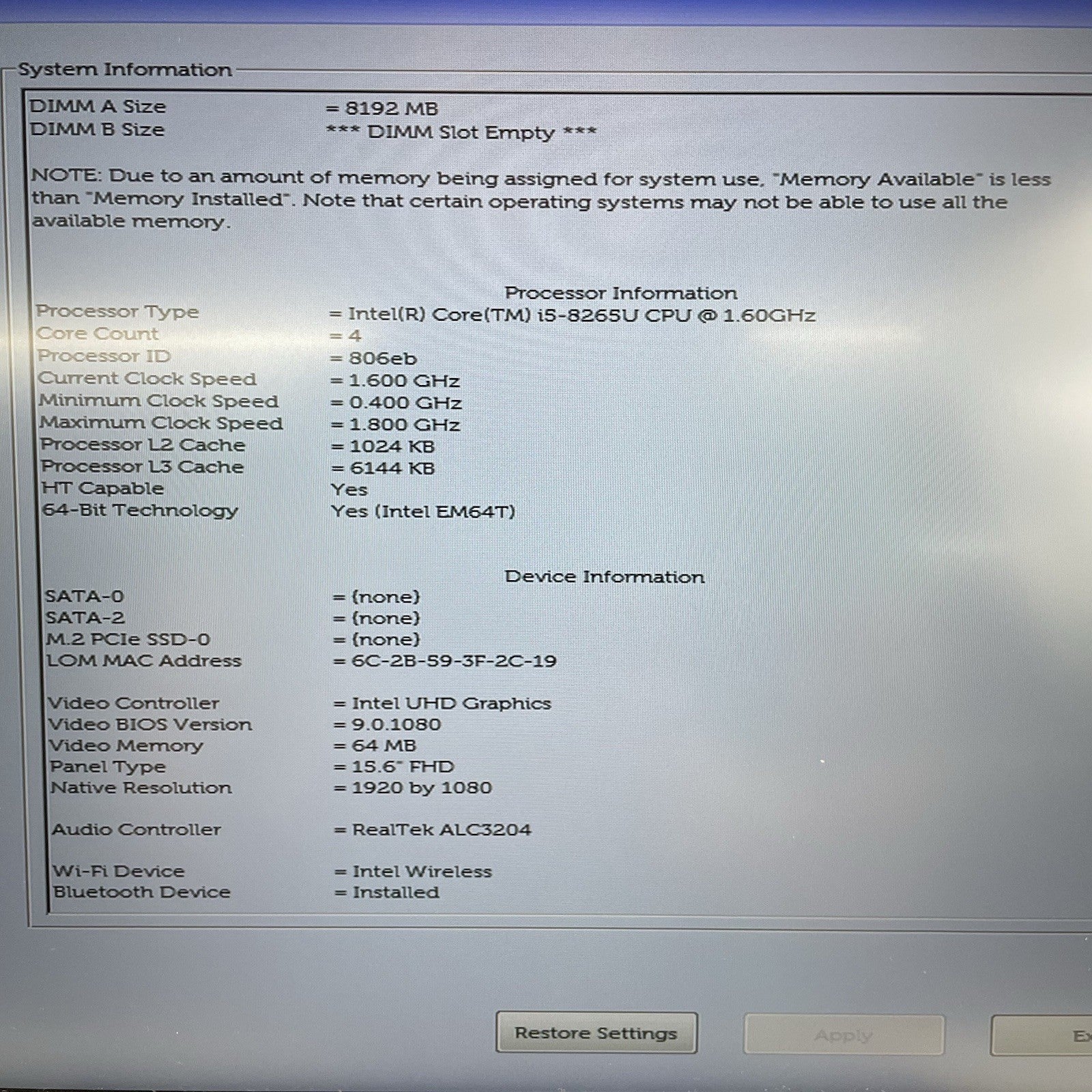 Dell Vostro 5581 15.6" i5-8265U 1.60 GHz 8 GB RAM No SSD/OS/AC4