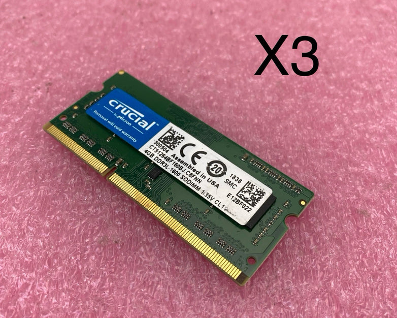 Crucial 4GB DDR3L-1600 Laptop Memory Ram CT51264BF160BJC8FNN - Lot of 3