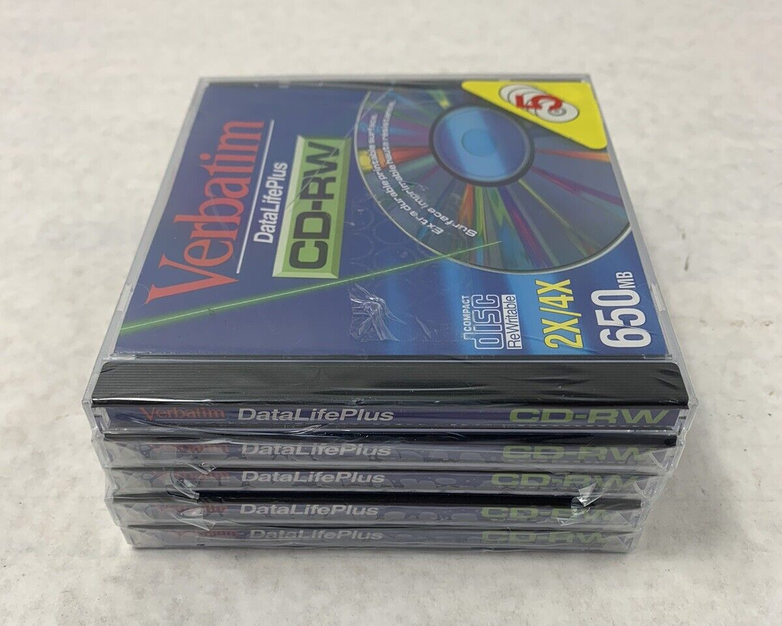 5 Pack Verbatim DataLifePlus CD-RW Recordable Disk 2x-4x Speed 650MB