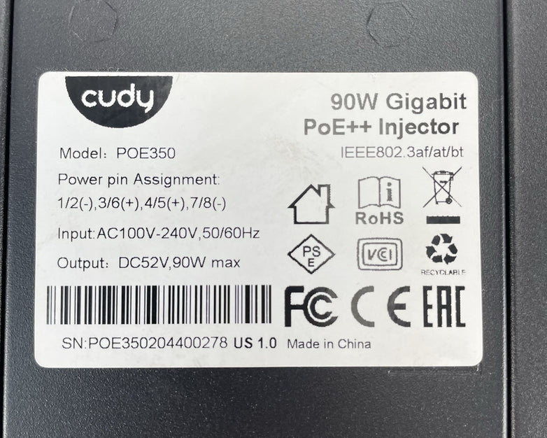 Cudy PoE350 Gigabit POE++ Injector 10/100/1000Mbps Adapter 90W Power Tested