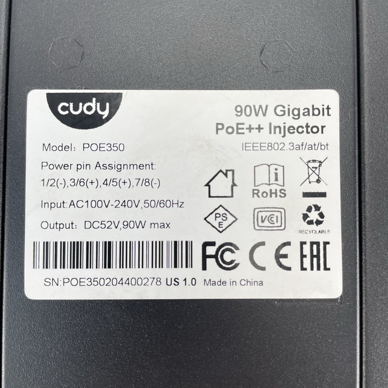Cudy PoE350 Gigabit POE++ Injector 10/100/1000Mbps Adapter 90W Power Tested