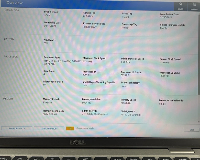 Dell Latitude 5420 14" i7-1165G7 2.80 GHz 8 GB RAM No SSD/OS/AC/Battery - READ