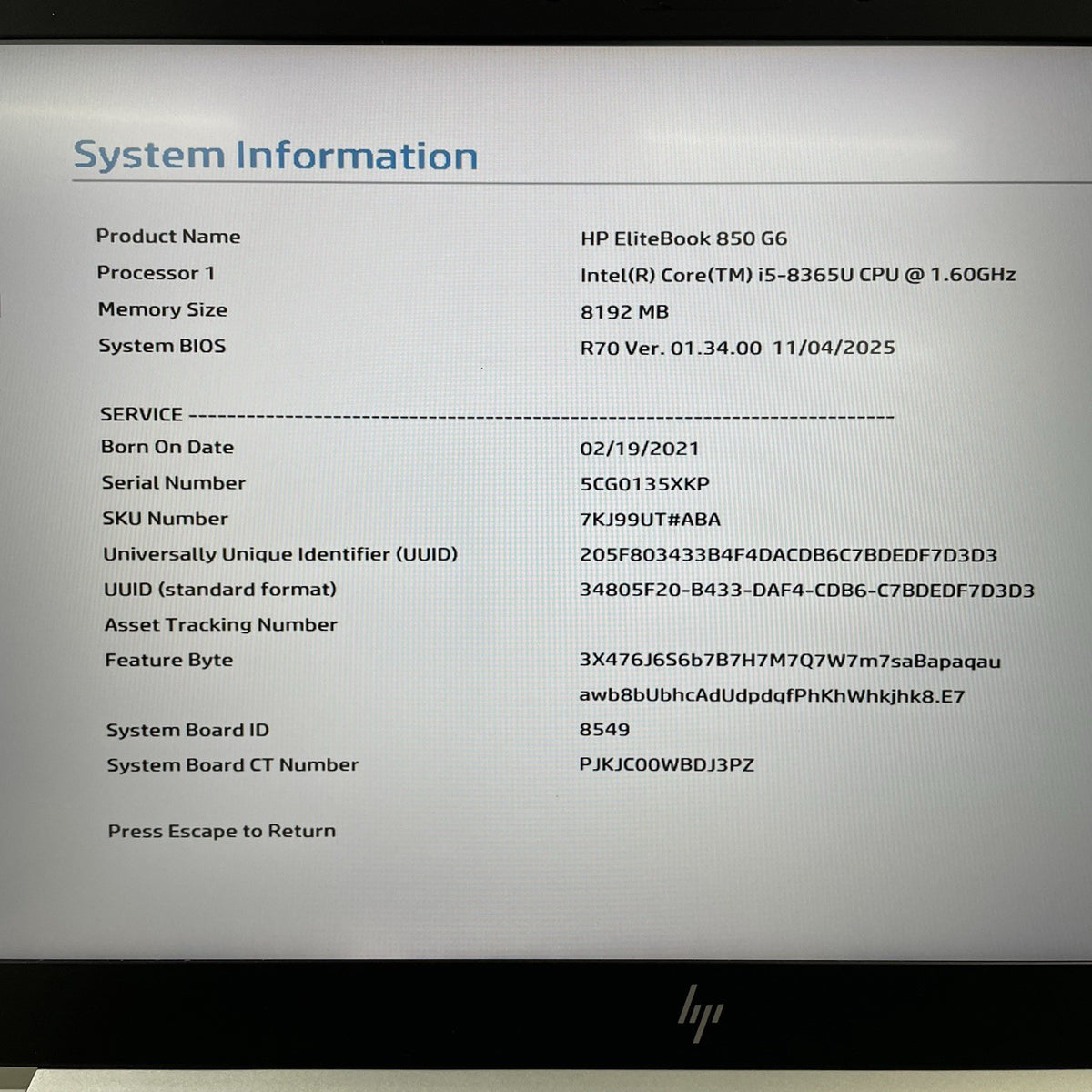HP EliteBook 850 G6 15.6" i5-8365U 1.60 GHz 8 GB RAM No SSD/OS/AC - Heat Spot3