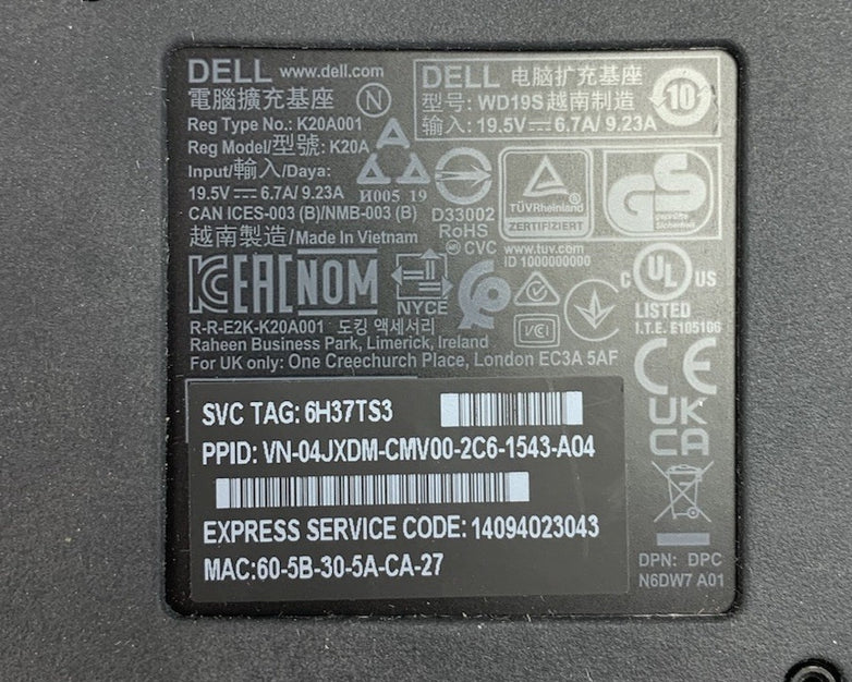 Dell WD19S K20A USB-C Thunderbolt Docking Station No AC Adapter
