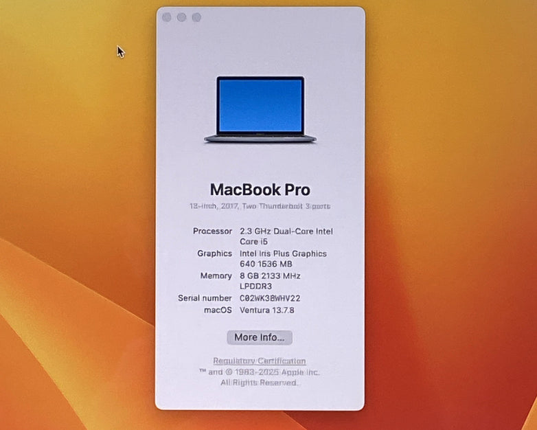 Apple MacBook Pro A1708 2017 Retina 13" 2.3GHz i5 8GB RAM 120GB SSD macOS 13.7.8