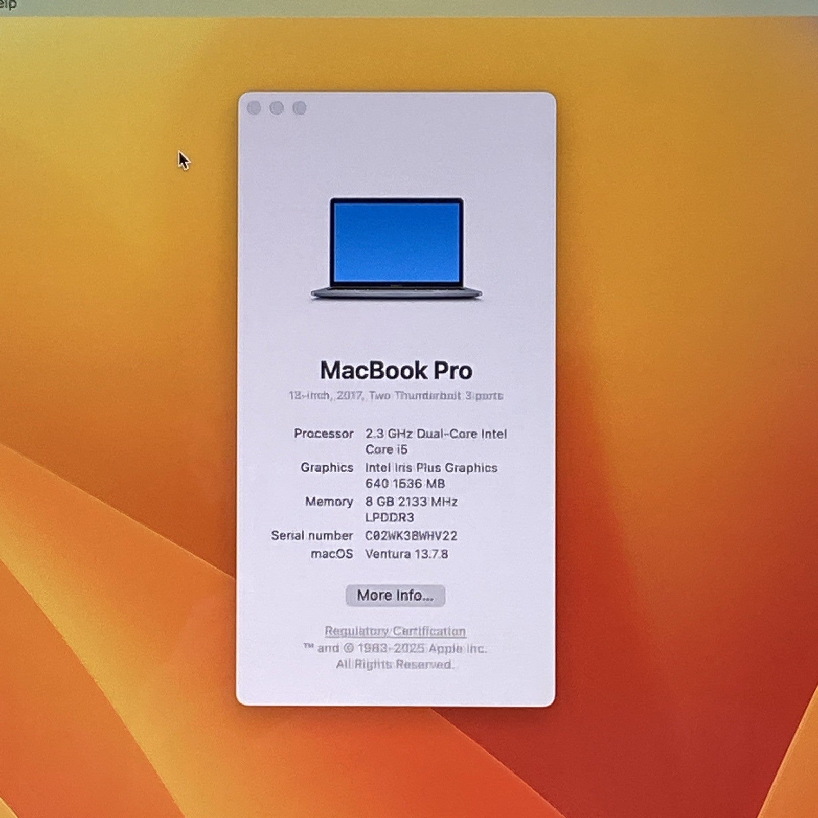 Apple MacBook Pro A1708 2017 Retina 13" 2.3GHz i5 8GB RAM 120GB SSD macOS 13.7.81