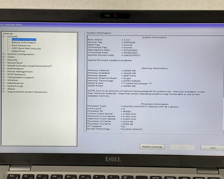 Dell Latitude 5410 Core i7-10610U 1.8 GHz 16GB RAM 14.0" No Battery No SSD No OS