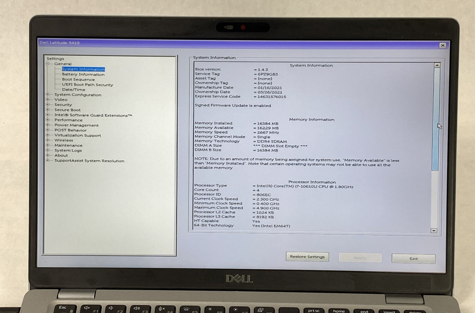 Dell Latitude 5410 Core i7-10610U 1.8 GHz 16GB RAM 14.0" No Battery No SSD No OS