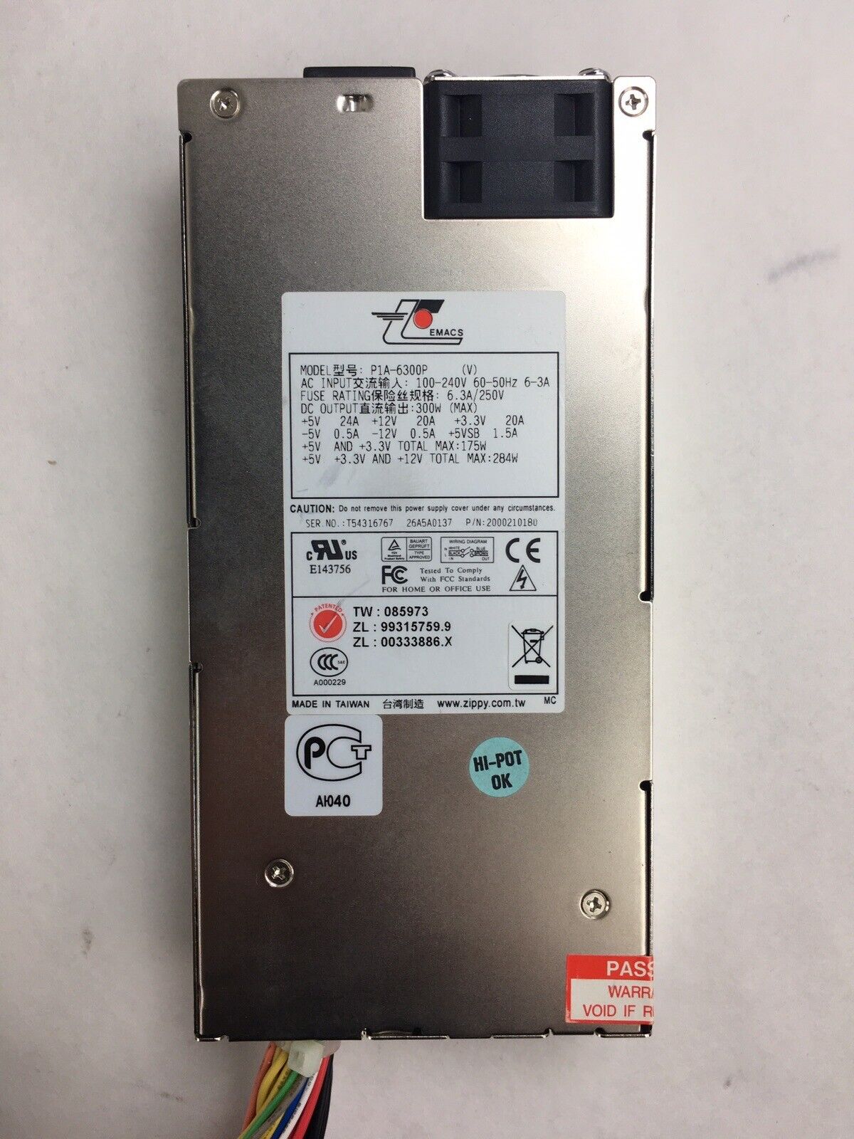 EMACS P1A-6300P 284W 100-240V 60-50Hz  1U Server Switched  Power Supply Tested