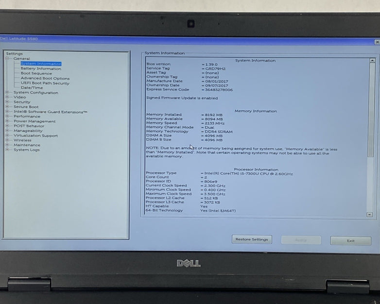 Dell Latitude 5580 Core i5-7300U 2.60 GHz 8 GB RAM 15.6" No Battery No HDD No OS
