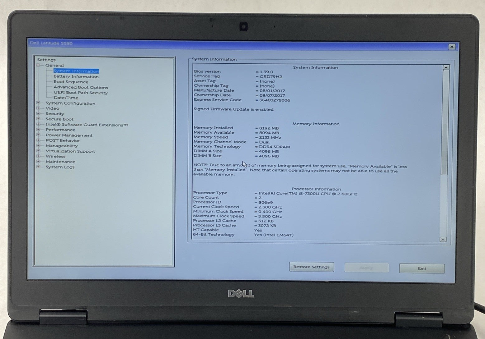 Dell Latitude 5580 Core i5-7300U 2.60 GHz 8 GB RAM 15.6" No Battery No HDD No OS