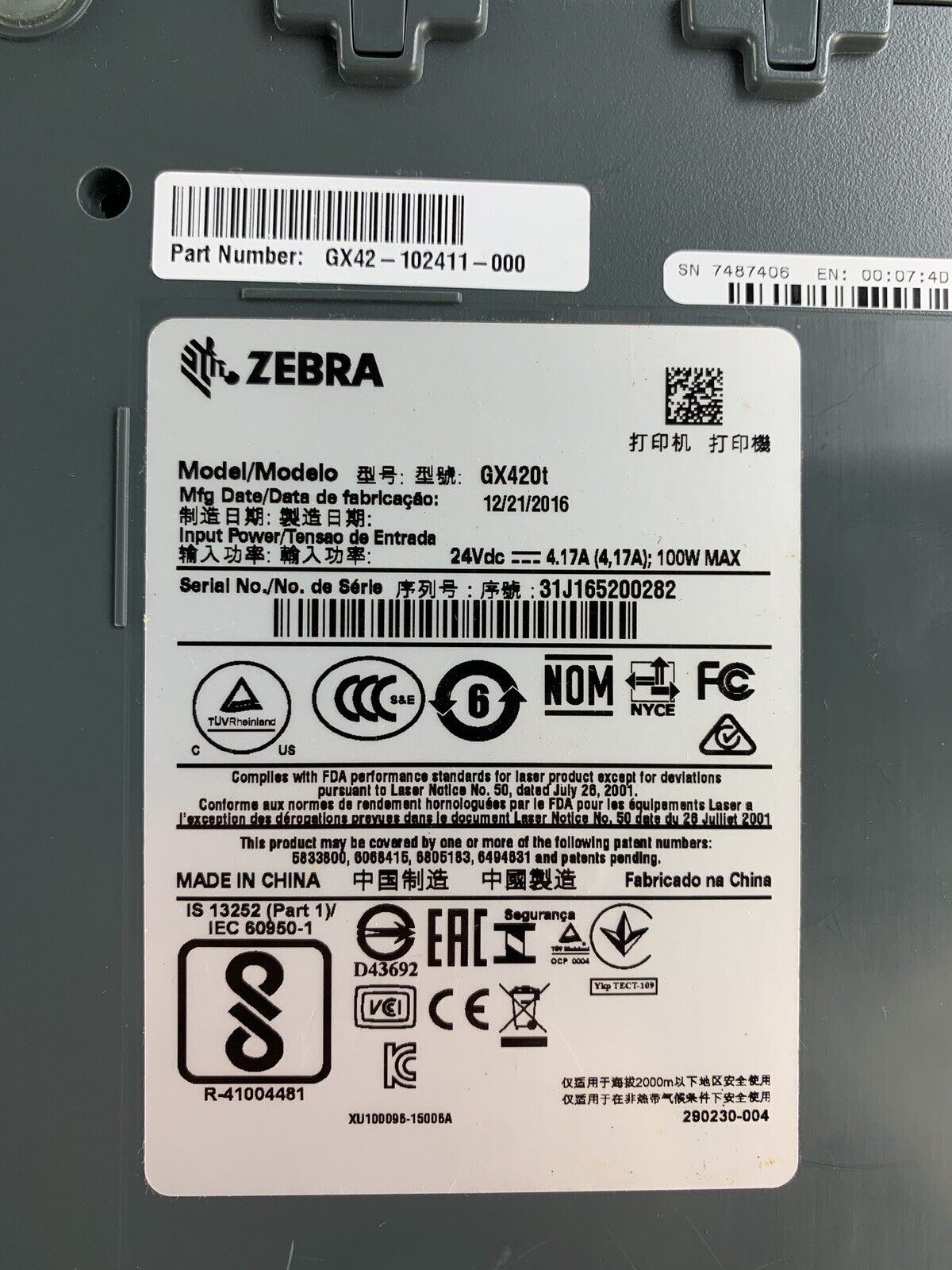 Zebra GX420T Direct Thermal Label Printer Aging Print Head Missing Roller Parts