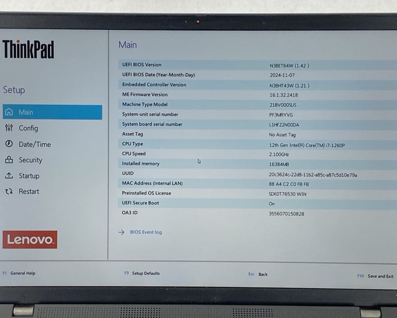 Lenovo ThinkPad T16 Gen 1 16" Touch i7-1260p 2.1GHz 16GB RAM No Batt. No HDD/OS
