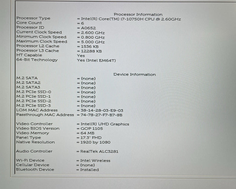 Dell Precision 7750 17.3" i7-10750H 2.60 GHz 16 GB RAM No SSD/OS/AC/Batt - READ